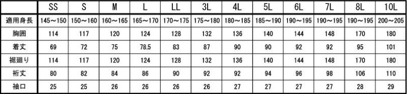 サイズ表<br>※SS～7Lは5色展開、8L・10Lはネイビーのみの生産です。