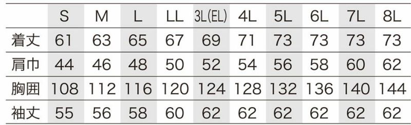 サイズ表<br>※ネイビー11、アイボリー20、ライトターコイズ890には6L、7L、8Lがあります。