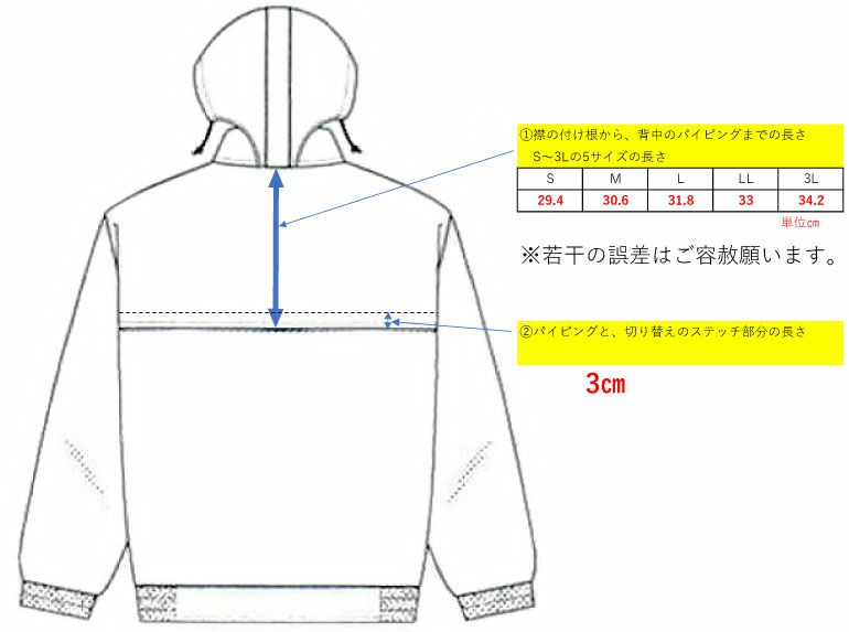 背中の首後ろから反射パイピングまでの長さ