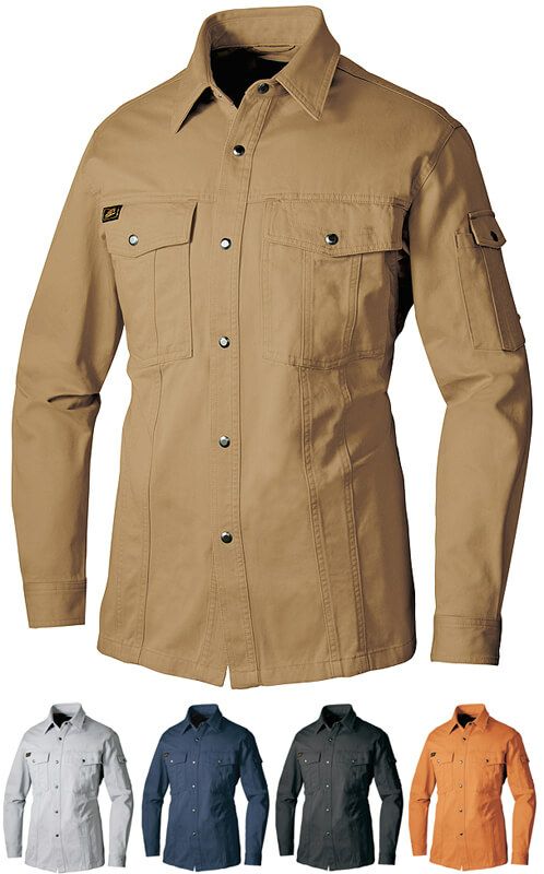 【かっこいい！】オールシーズン用・作業服長袖シャツ（動きやすい・吸汗性・綿100%・厚手）